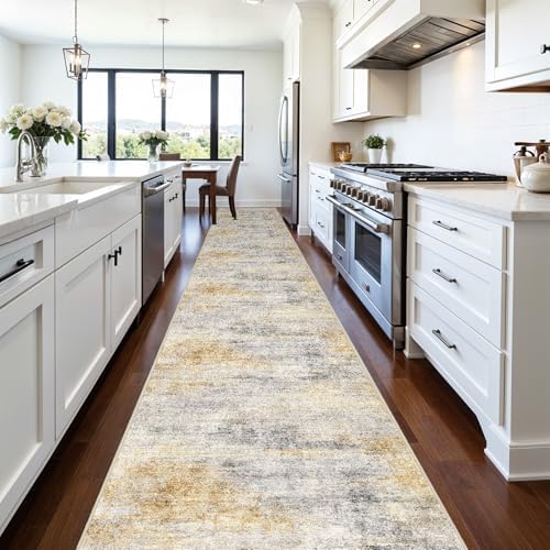 3x20 Runner Rug Washable Abstract: Non Slip Hallway Floor Mat Grey/Yellow - Image 2