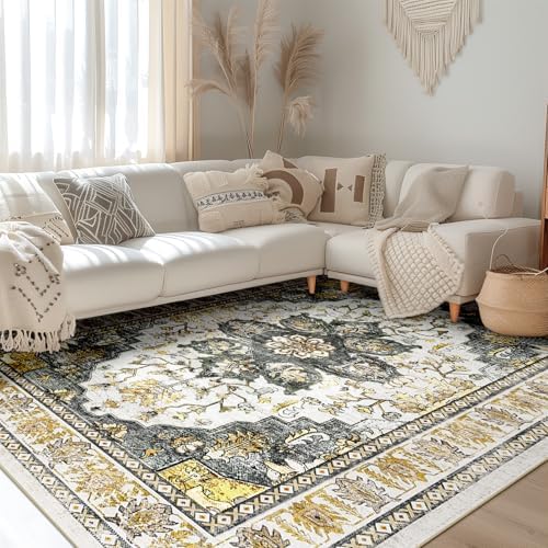 BESTSWEETIE Washable Boho 8x10 Area Rug, No Pile, Living Room, Grey Brown by BESTSWEETIE