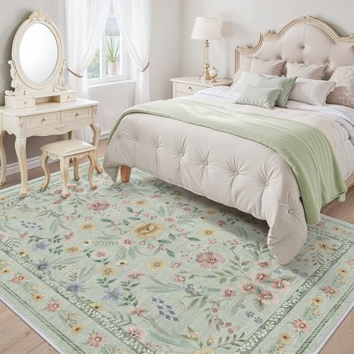 Green Floral Rug for Girls,6x9 Washable Botanical Bedroom Rug for Nursery, Playroom or Kids Room,Soft Non-Slip Carpet for Forest Themed Baby Room Decor - Image 2