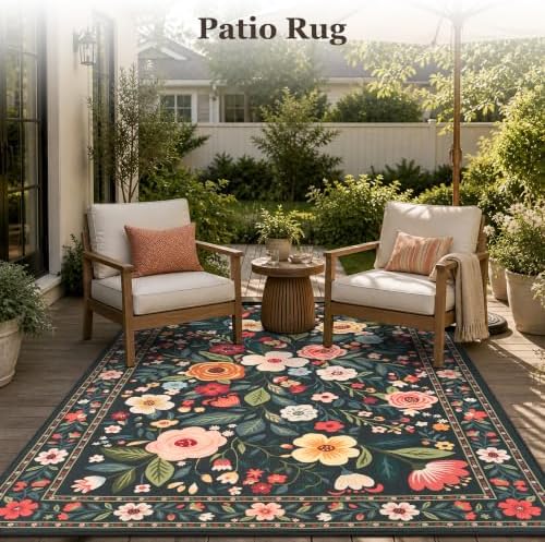 PADOOR Outdoor Rug 4x6 ft, Floral Washable Indoor Outdoor Area Rug, Flat‑Woven with Quick Dry Patio Carpet, Fade & Shed Resistant, Non‑Slip for Patio, Balcony, Porch, Deck, Entryway, Charcoal Grey - Image 7