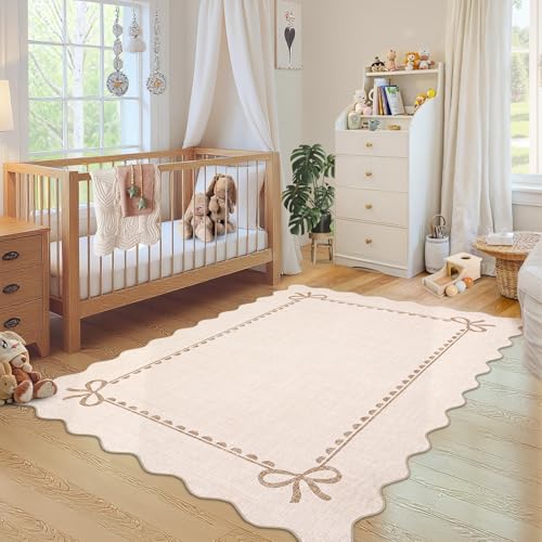 GarveeHome Scalloped Bow Rug 3x5 Washable Beige Rug for Bedroom Living Room by GarveeHome