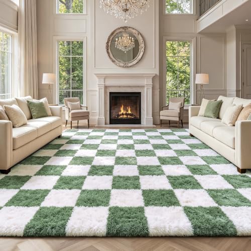 Large Area Rugs for Living Room Bedroom,9x12 Green and White Fluffy Soft Checkered Rug Fuzzy Shag Shaggy Carpet,Indoor Plush Floor Rugs for Teen Dorm Home Decor by Boshengya