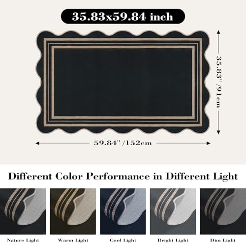 Scalloped Easy Jute 3x5 Front Door Mat, Washable Rugs for Entryway Black Outdoor Patio Rug, Farmhouse Neutral Non Slip Indoor Carpet for Porch Backyard - Image 2