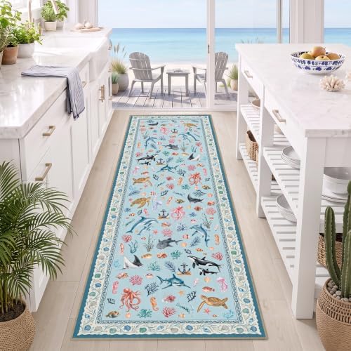 Arenarug Coastal Runner Rug 2x6 Washable Kitchen Runner Rug, Coastal Blue by ArenaRug
