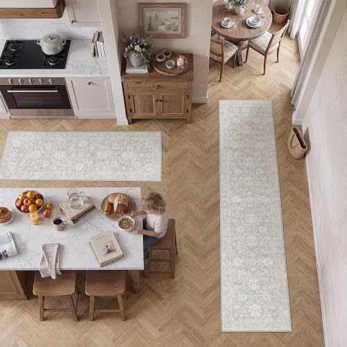 2 Piece Blue Cream Neutral Floral Kitchen Rug Set - Image 2