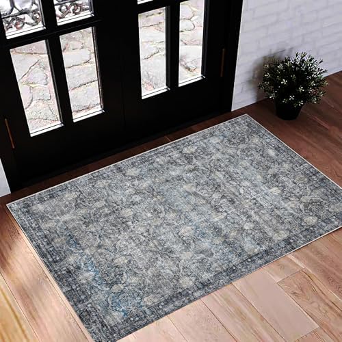 CHAMPLANT Washable Area Rug 2'x3' Door Mat Vintage Distressed Doormat Indoor Entrance Traditional Thin Rug Floral Print Non Slip Carpet for Kitchen Bathroom Bedroom Living Room by CHAMPLANT