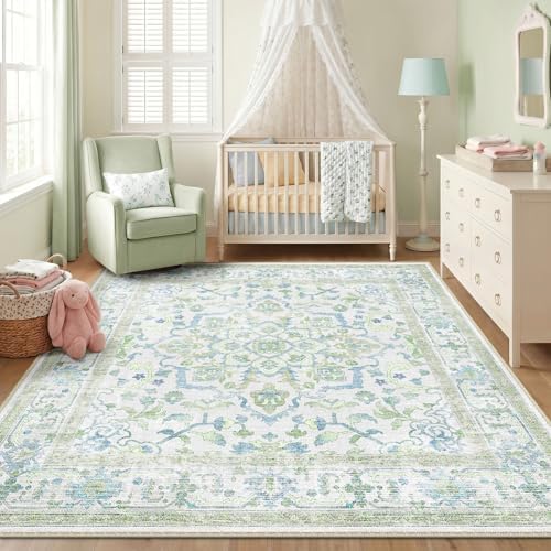 CAPALOCA Square 6ft Washable Nursery Girls Low Pile Area Rug Green Blue - Image 3