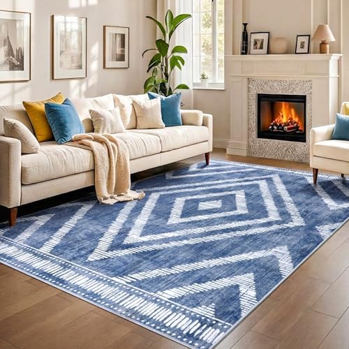 Boho Washable Rugs 5x7ft for Living Room, Low Pile Blue Bedroom Area Rug Non Slip, Moroccan Soft Kids Nursery Area Carpets for Dining Room Playroom Kitchen Home Office Decor by Geanlod