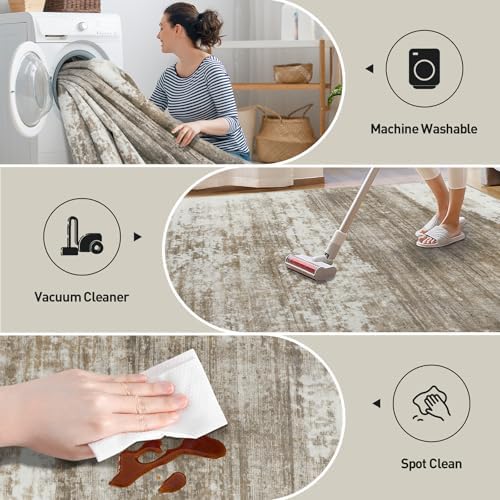 9x12 Area Rugs for Living Room: Washable Abstract Brown White Carpet - Image 4