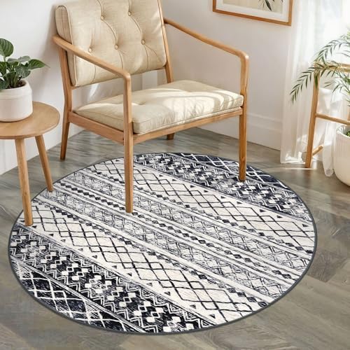 KUTA Round Washable Rug 3Ft Boho Black Navy Blue Distressed Geometric by KUTA