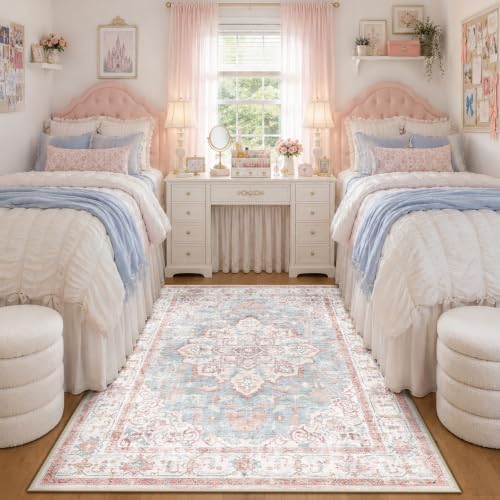 CAPALOCA 4x6 Washable Nursery Girls Low Pile Area Rug Pink Blue by CAPALOCA