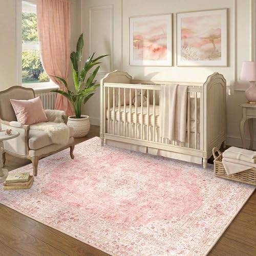 Vintage Pink Area Rugs 4x6, Washable Cute Small Rugs for Girls - Image 3