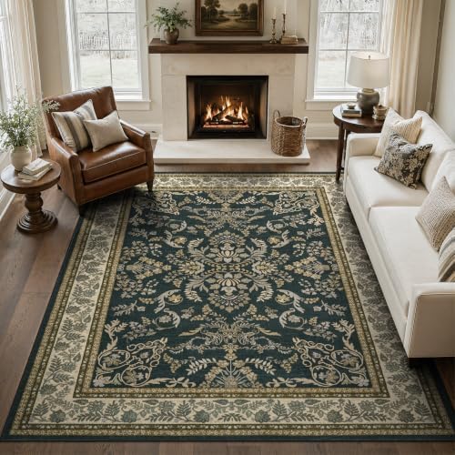 DCX 8x10 Area Rug Living Room: Washable Botanical Carpet Black and Beige by DCXWashableRug