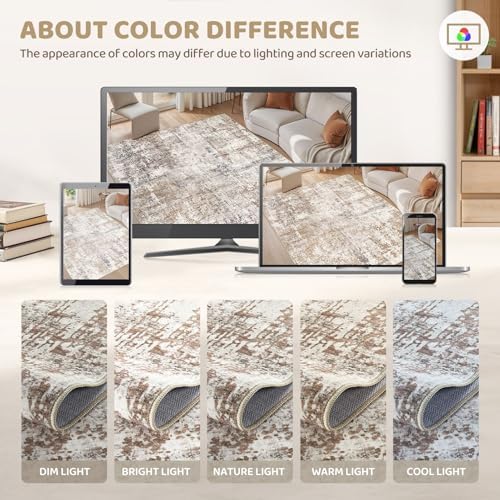 UERMEI 4x6 Area Rug Living Room Rugs - Washable Neutral Modern Abstract Soft Thin Rug Indoor Floor No Slip Rug Carpet for Bedroom Under Dining Table Home Office Decor - Brown/Grey/Red - Image 5
