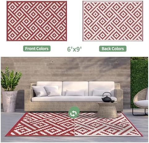 GENIMO Outdoor Rug, Waterproof Plastic Rugs for Patio, 6'x9' Red White - Image 6