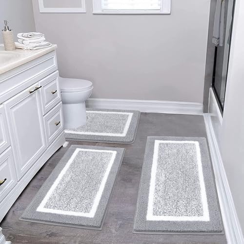 Pauwer 3 Piece Bathroom Rug Set, Non Slip Washable Bath Mat, Light Grey by Pauwer