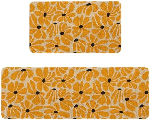 Spring Daisy Floral Kitchen Mats Decor, Yellow Retro Groovy Flower Power Kitchen Rugs Sets of 2, Vintage 1970s Floral Rug Home Decorations Indoor by Unknown