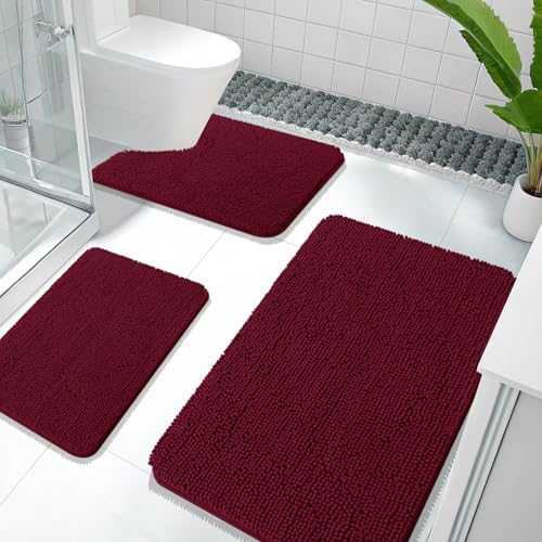 OLANLY Bathroom Rugs Sets 3 Piece, 36"x24"+24"x16"+24"x20", Burgundy by OLANLY