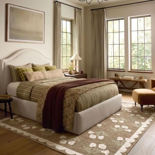 8x10 Area Rug for Living Room - Soft Washable Boho Bedroom Rug Non Slip Stain Resistant Tan Cottage Neutral Farmhouse Floral Scalloped Rugs for Bedroom Nursery Dining Room Rugs Under Table - Image 4