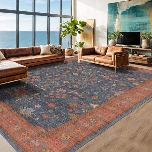 Hazo Haus Dining Room Rugs for Under Table - 7x9 Washable Area Rug for Living Room, Low Pile Non-Slip Rugs for Bedroom - Navy Blue Vintage Boho Unique Home Decor - Image 3