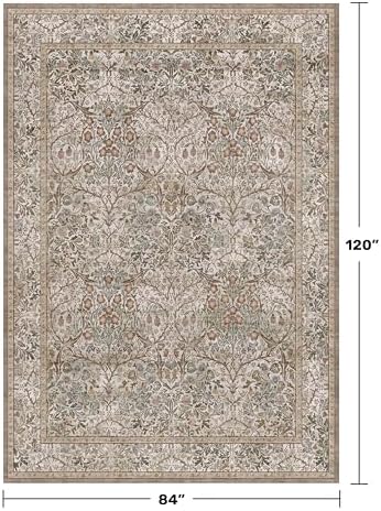 Hazo Haus Vintage Moss Green Living Room Rug, 7x10 Washable Large Area Rugs for Bedroom, Dining Room Rugs Under Kitchen Table, Oriental Taupe Low Pile Stain Resistant Non-Slip - Image 2