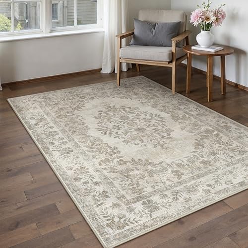 PureCozy 4x6 Washable Area Rug Bedroom Cream Beige Vintage Small Carpet - Image 4