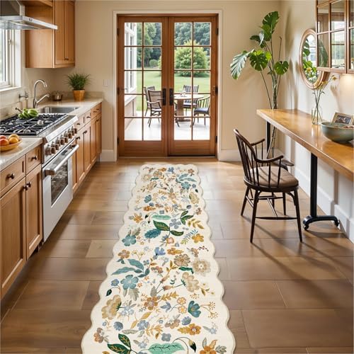 Washable 2x10 Runner Rug for Hallway: Floral Scalloped Kitchen Rugs Cream by BYYVOORugsforYourHome