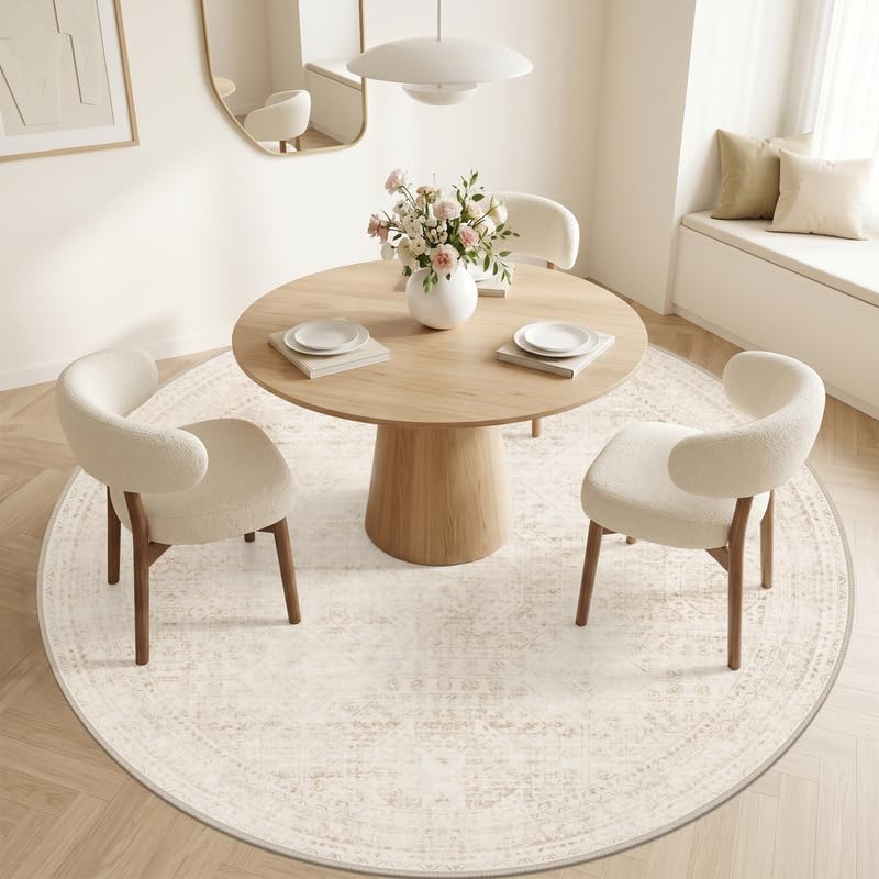 Round Area Rug Living Room: 8ft Neutral Washable Carpet Rug Beige - Image 2