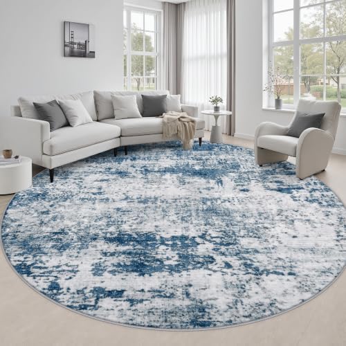 Round Area Rug Living Room: 6 ft Modern Washable Carpet Blue by FXRHLP