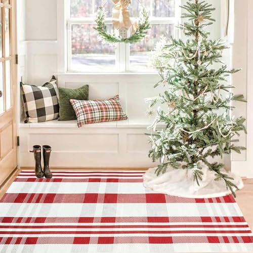Christmas Plaid Outdoor Rug, 3' x 5' Red&White Check Indoor/Outdoor Area Rug, Layering Rug for Hello/Welcome Door Mat, Machine Washable Cotton Woven Rug for Farmhouse Front Porch, Entryway - Image 4