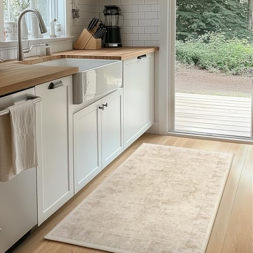Beige 4x6 Throw Rugs for Entryway, Washable Neutral Rug with Rubber Backing for Living Room Bedroom, Vintage Medallion Distressed Area Rug for Kitchen/Bathroom/Dorm/Home Office - Image 3