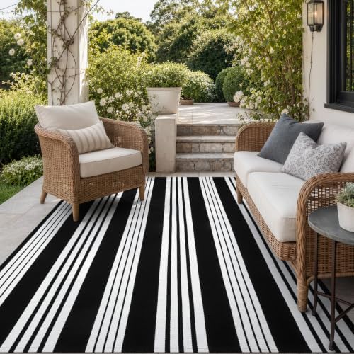 OJIA Outdoor Rugs 5'x7' Patio Rug Washable Carpet Black & White Camping Rug - Image 4