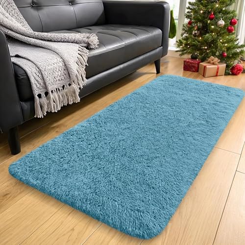OLANLY 2x5 Machine Washable Runner Rugs for Hallway, Soft Fluffy Shaggy Bedside Rugs for Bedroom, Living Room, Indoor Floor Carpet for Kids Girls and Boys, Home Decor Aesthetic, Slate Blue - Image 3