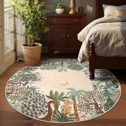 GarveeHome Round Area Rugs 5ft for Bedroom, Beige Jungle Washable Circle Rug Soft Non Slip Forest Animal Print Floor Mat Tiger Carpet Indoor Thin Rug for Kids Room Dining Room Playroom Nursery - Image 2