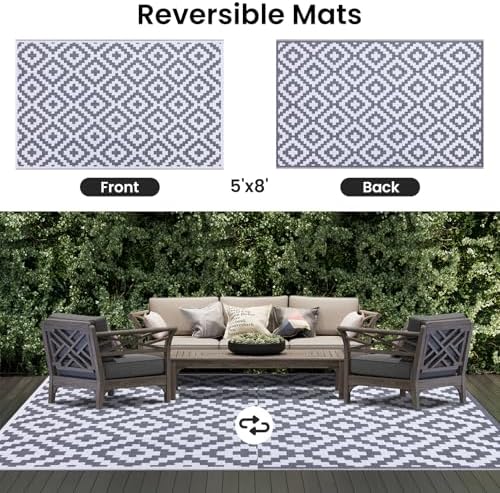 Smiry Outdoor Rug 5x8 ft Waterproof Reversible Boho Mat, White & Grey - Image 3
