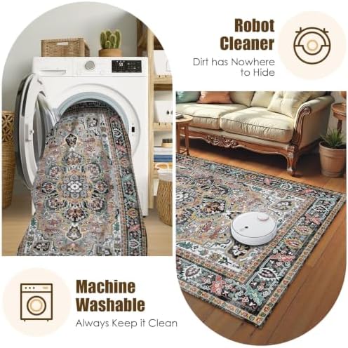 Washable Area Rug 5' x 7' Vintage Traditional Persian Mat - Foldable Distressed Non-Slip Machine Washable Carpet for Living Room Bedroom Kitchen Home Decor - Slate and Multicolor - Image 7