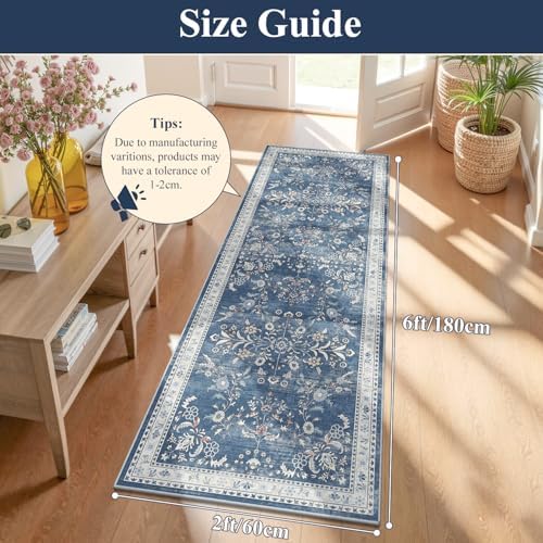 Yamaziot 2x6 Washable Hallway Runner Rug Non Slip Floral Carpet, Blue - Image 2