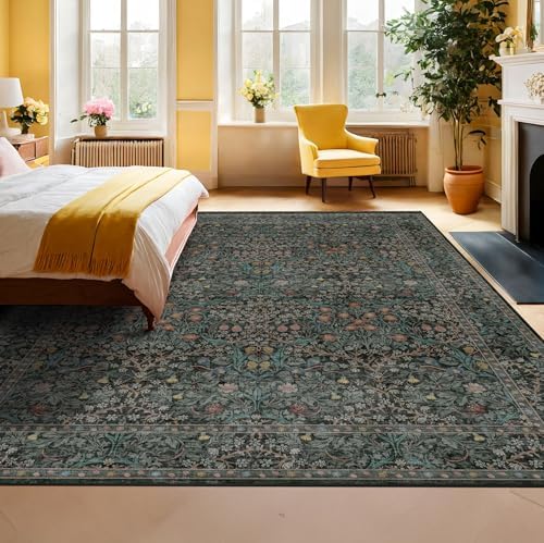 Dining Room Rugs for Under Table - 6x8 Washable Dark Green Area Rug for Living Room, Low Pile Non-Slip Floor Carpet for Bedroom - Vintage Design & Stain Resistance - Image 6