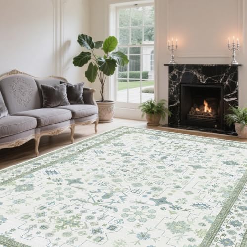 5x7 Washable Area Rugs for Living Room (Pale Sage Misty Blue) - Image 2