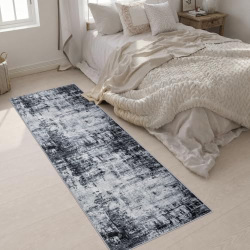 2.6x8 Washable Runner Rug：Modern Abstract Soft Carpet Dark Black - Image 4
