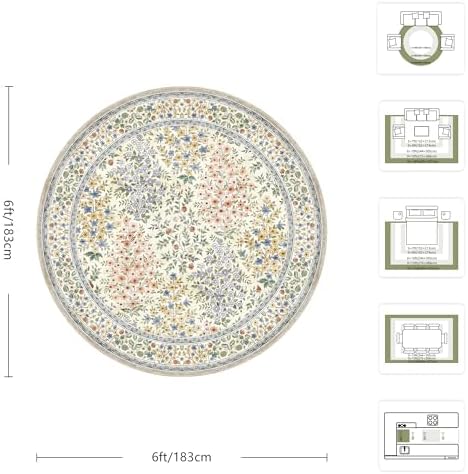 6FT Round Area Rugs, Machine Washable Low Pile Floral Rugs for Living Room, Bedroom, Large Boho Area Rug with Non-Slip Backing for Dining Room(Beige Floral) - Image 2