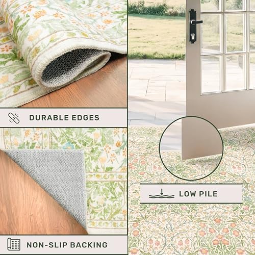 Beige Green 4x6 Washable Area Rug for Living Room, Large Entryway, Nursery, Bedroom, Kitchen, Ultra Soft Non Slip Stain Resistance, Floral Distressed Aethestic Design - Image 4