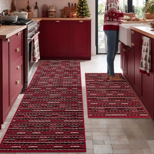 Kitchen Rugs Sets of 2, Non Slip Kitchen Mats for Floor, Christmas Red by BSICPRO