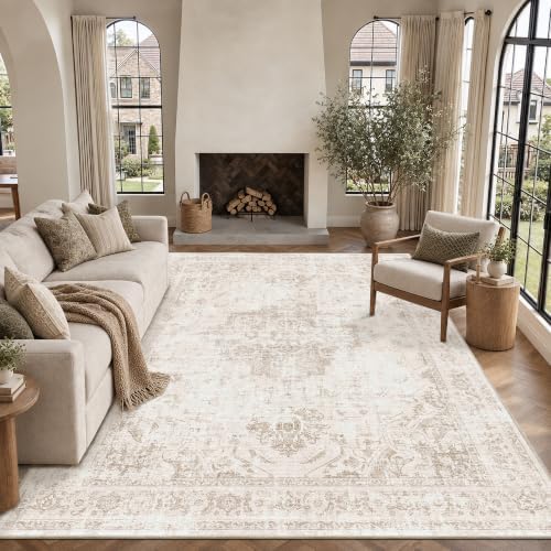 Washable 9x12 Dorm Area Rug Soft Medallion Neutral Beige Large Carpet - Image 4