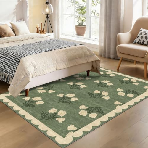 4x6 Boho Bedroom Rug - Moss Green Soft Washable Entry Rug Non Slip by Othilic