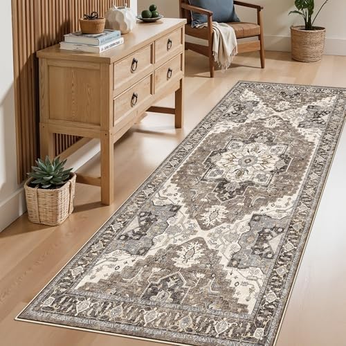 Kitchen Runner Rug 3x6 Non-Slip - Washable Vintage Rugs with Rubber Backing for Living Room Hallway Low Pile Easy Clean Carpet Soft Thin Lightweight Floor Mat for Bedroom Laundry Room(Beige,3x6) - Image 2