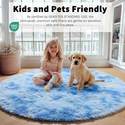 Tie-Dye Blue Fluffy Round Rug Circle Area Rugs 4ft for Boys Kids Bedroom - Image 5