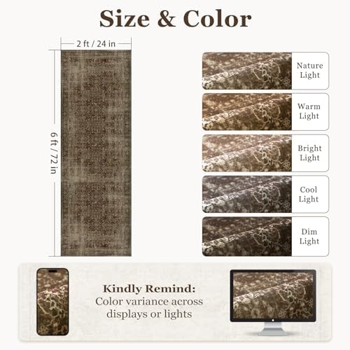 Brown Coffee Hallway Runner Rug 2x6, Dark Earth Tone Kitchen Runners Non Skid Washable 6ft, Aesthetic Distressed Carpet Floor Runners for Entryway Indoor Bedroom Bathroom, Vintage Warm Brown - Image 2