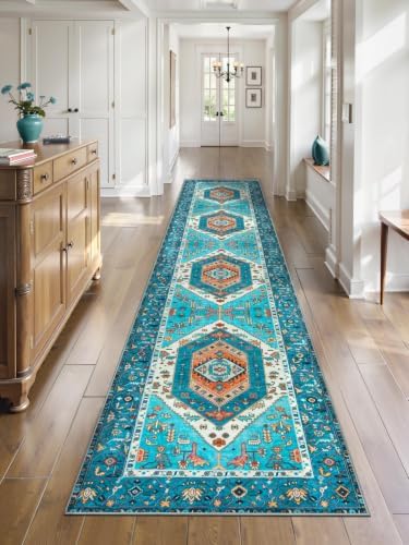 SERISSA 2'6"x12' Washable Non Slip Boho Runner Rug for Hallway，Blue by SERISSAHomeDecorCollection