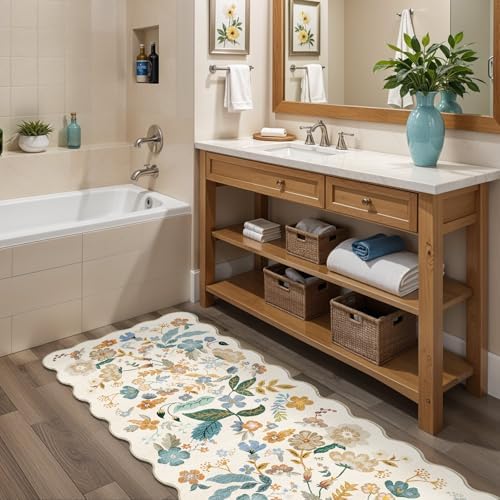 2x8 Washable Kitchen Runner Rug: Boho Vintage Floral Carpet Runner Cream - Image 2